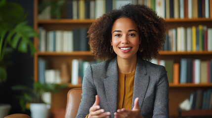 A woman with curly hair is sitting in a chair in front of a bookshelf