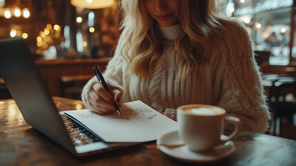 A woman is writing on a piece of paper with a pen while sitting at a table with