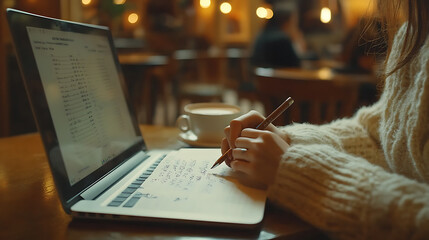 Wall Mural - a woman is writing on a laptop in a cafe