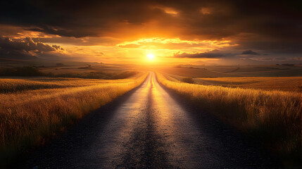 Poster - A serene landscape featuring a winding road leading toward a sunset over golden fields.