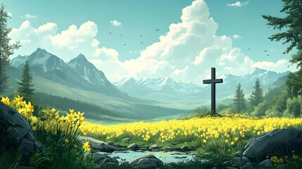 Wall Mural - A serene landscape featuring mountains, a cross, and a field of yellow flowers under a blue sky.