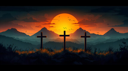 A serene landscape featuring three crosses against a sunset backdrop in the mountains.