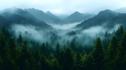 Wall Mural - A serene mountain landscape shrouded in mist and lush greenery.