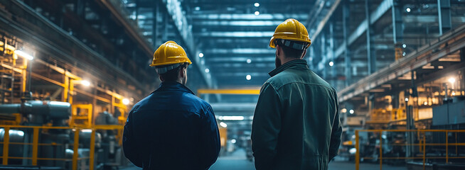 Interior of an industrial plant with two workers standing in a large manufacturing plant, illuminated by bright lights and natural light