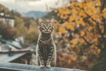 Wall Mural - Tabby Cat Perched on a Roof with a Mountain and Fall Foliage Background