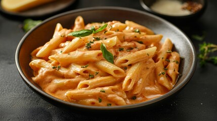 Penne alla Vodka served in a bowl with rich creamy sauce and garnish professional food photograph angle view for enhanced presentation.