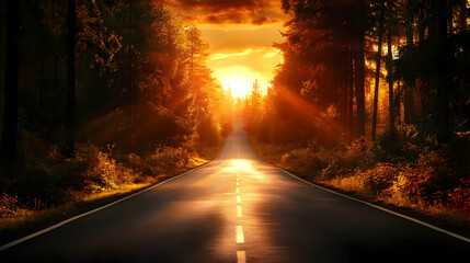 Canvas Print - A serene road through a forest at sunset, creating a peaceful atmosphere.