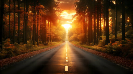 Poster - A serene road through a forest at sunset, evoking tranquility and exploration.