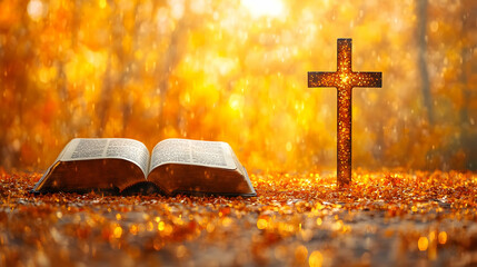 A serene scene featuring an open Bible and a glowing cross amidst autumn leaves.