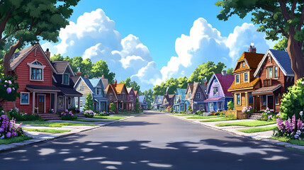 Wall Mural - A serene suburban street lined with colorful houses and lush greenery under a bright sky.