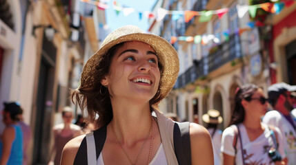 The joyful atmosphere surrounds a young woman walking along a lively street adorned with colorful banners and a warm sun shining down