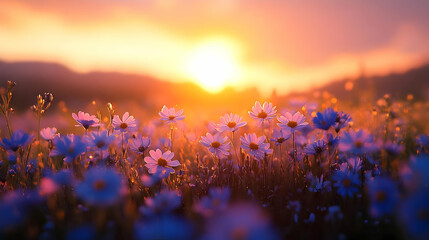 Wall Mural - A serene sunset over a field of blooming flowers, creating a peaceful and vibrant atmosphere.