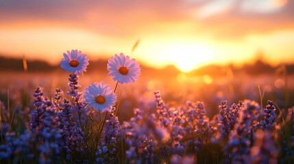 Poster - A serene sunset over a field of flowers, creating a peaceful and vibrant atmosphere.