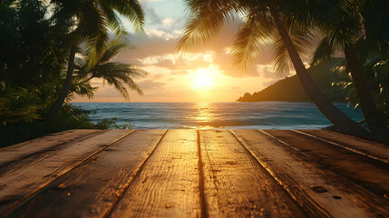 Wall Mural - A serene sunset over the ocean, viewed from a wooden deck surrounded by palm trees.