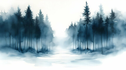 Sticker - A serene watercolor landscape featuring dark trees and a misty atmosphere.