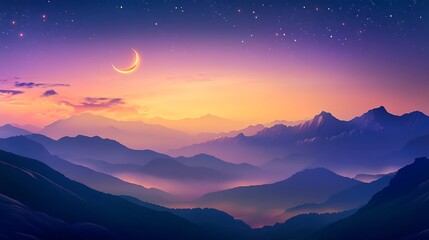 Canvas Print - Silhouetted Mountains at Twilight with a Crescent Moon