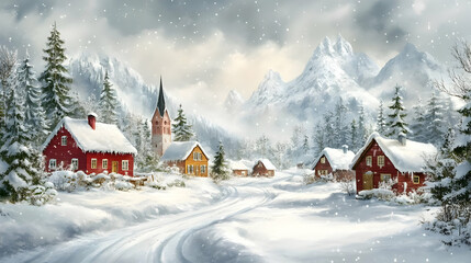 Canvas Print - A serene winter landscape featuring snow-covered houses and mountains.