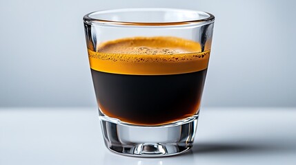 A shot of espresso stands bold and rich in a glass cup on white.