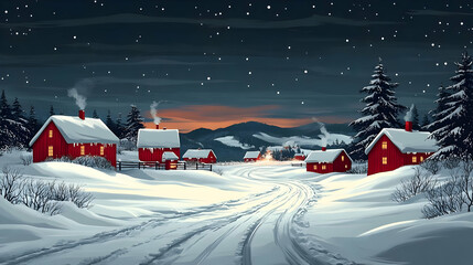 Poster - A serene winter landscape with red houses, snow-covered ground, and a starry sky at dusk.