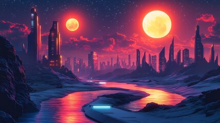 Wall Mural - vector design of a futuristic cityscape at night with sleek angular buildings and neon lights illumi