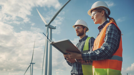 Two Technician Energy Engineer working outdoor at wind turbine field, Eco-Friendly Energy, engineer research and develop approaches to providing clean energy sources. Men and Women