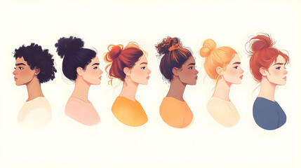 Wall Mural - A series of illustrated female profiles showcasing diverse hairstyles and skin tones.