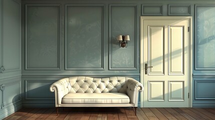 Living room with a closed door and a sofa on a wooden floor