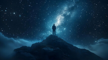 Wall Mural - A silhouette of a person standing on a mountain, gazing at a starry galaxy.