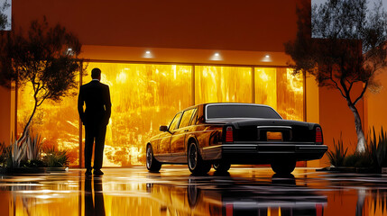 Poster - A silhouette of a person stands beside a luxury car in front of a glowing modern building.