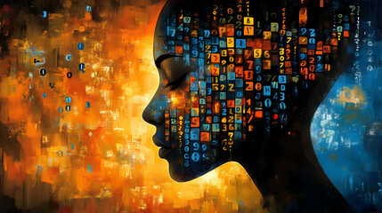 Canvas Print - A silhouette of a woman's profile filled with colorful numbers, symbolizing data and technology.