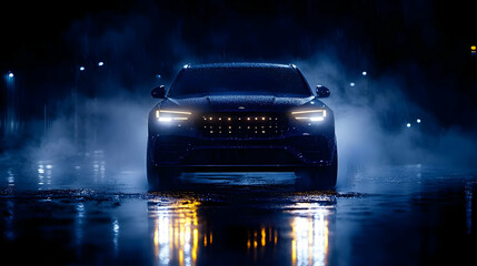 Canvas Print - A sleek car illuminated by blue lights in a rainy, misty environment.