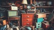 © atipong - Old antiques and retro collectibles memorabilia dumped in a huge pile. Garage sale attic room storage conceptual still life or disposal and recycling of outdated objects. Vintage style filtered photo