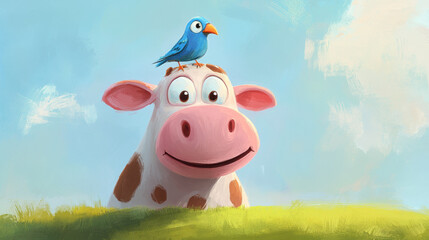 Wall Mural - Cow and Bird Friends.