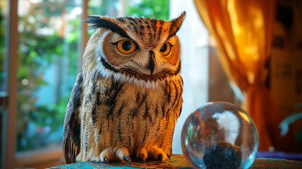 Wise owl with piercing gaze perched next to a crystal ball, capturing the essence of mystery and divination.