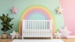 © Creator88 - A pastel rainbow nursery with a white crib, rainbow arch decor, and star-shaped lighting, Photorealistic, Playful and fun