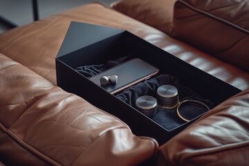 A closeup of the top corner of an open black paper bag on a brown leather sofa, containing two small round boxes with dark grey metal corners and gold accents, one box contains silver earphones, while