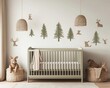 © Creator88 - A cozy forest-themed nursery with a pastel green crib, tree decals, and woodland animal decor, 3D rendering, Gentle and playful