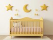 © Creator88 - A whimsical nursery with a pastel yellow crib, star-shaped wall lights, and a matching moon mobile, Photorealistic, Dreamy and soft