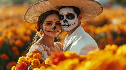 A couple of Mexican woman and man with his face painted as a catrina, wearing a traditional Day of the Dead white suit and sombrero, holding marigold flowers in front of a field of orange roses