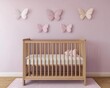 © Creator88 - A soft lavender nursery with a wooden crib, pastel bedding, and butterfly wall decals, 3D rendering, Warm and cozy