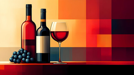 A stylized depiction of wine bottles, a glass, and grapes against a colorful background.