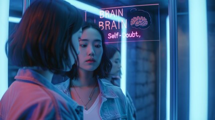 A young woman reflects on self-doubt in a neon-lit elevator with brain-themed art and vibrant colors.