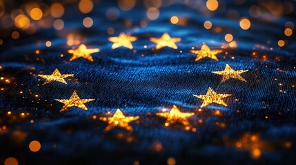 A close-up of the European Union flag with glowing stars on a blue background.