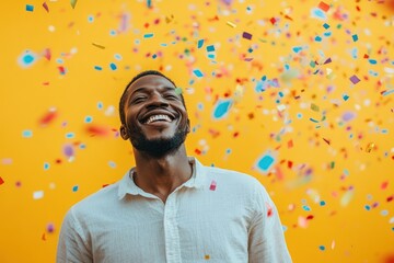 Man smiling broadly in shower of confetti on orange