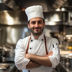 Confident chef in white uniform and hat standing in modern kitchen, showcasing culinary expertise