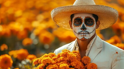 A handsome Mexican man with his face painted as a catrina, wearing a traditional Day of the Dead white suit and sombrero, holding marigold flowers in front of a field of orange roses.