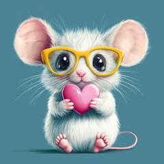 Wall Mural - Adorable white mouse with yellow glasses holding a pink heart while sitting on a blue background