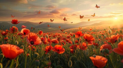 A field of vibrant red poppies in full bloom, with butterflies fluttering around and the sun setting over distant hills. The scene is serene yet lively, capturing nature's beauty at its most vivid dur