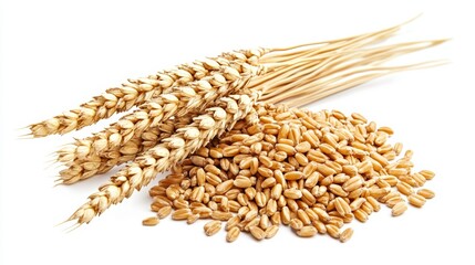 Wall Mural - Golden wheat grains isolated on white background.Ripe ears of wheat isolated on white background.