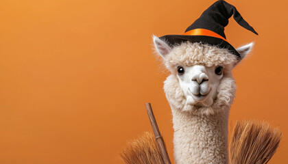 Alpaca wearing a witch s hat and carrying a broom in a Halloween field, witch alpaca, festive farm animal